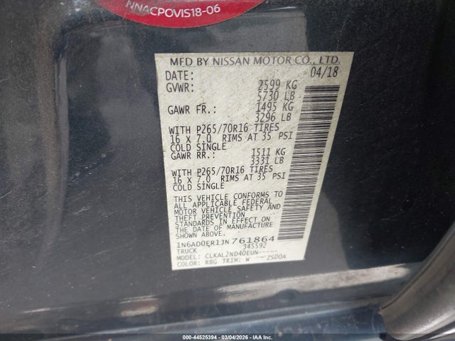 1N6AD0ER1JN761864 Nissan Frontier Sv