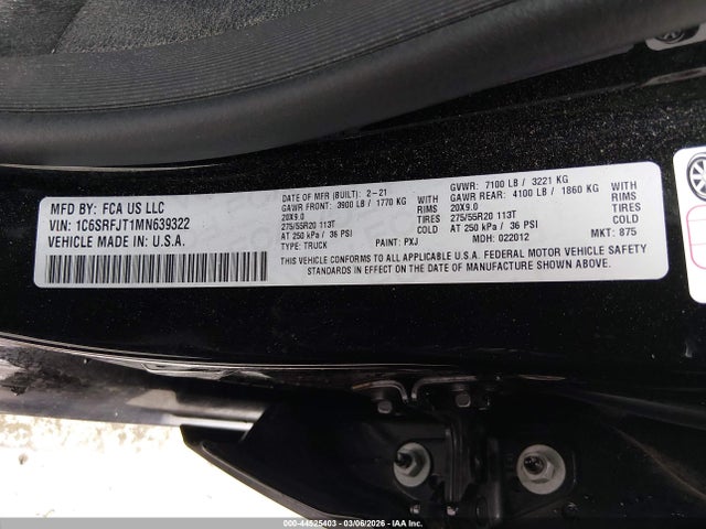 Продаж на аукціоні авто 2021 Ram 1500 Laramie  4x4 5'7 Box, vin: 1C6SRFJT1MN639322, номер лоту: 44525403