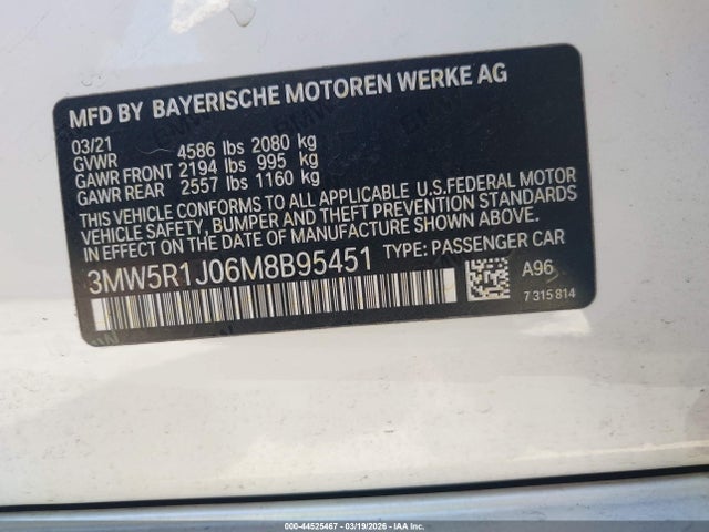 Продажа на аукционе авто 2021 Bmw 330i, vin: 3MW5R1J06M8B95451, номер лота: 44525467