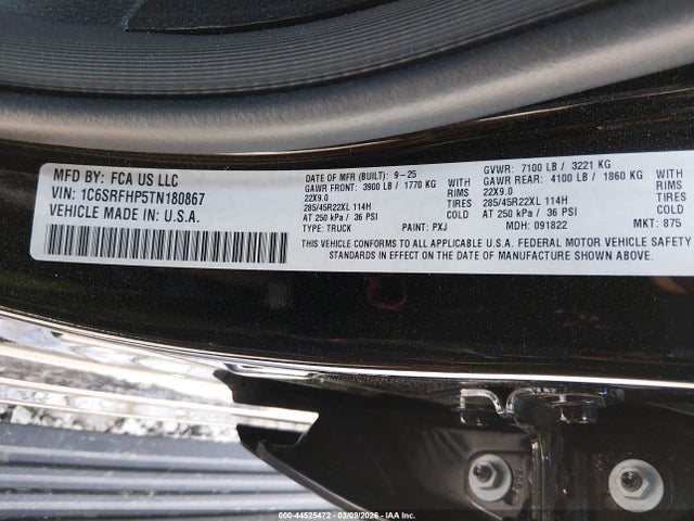 Продажа на аукционе авто 2026 Ram 1500 Limited  4x4 5'7 Box, vin: 1C6SRFHP5TN180867, номер лота: 44525472