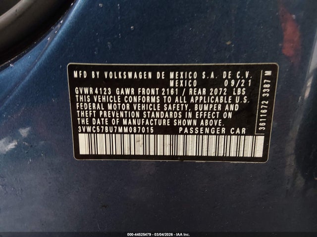 2021 Volkswagen Jetta 1.4t R-line/1.4t S/1.4t Se მანქანა იყიდება აუქციონზე, vin: 3VWC57BU7MM087015, აუქციონის ნომერი: 44525479