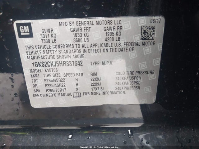 2017 Gmc Yukon Denali მანქანა იყიდება აუქციონზე, vin: 1GKS2CKJ5HR337642, აუქციონის ნომერი: 44525610