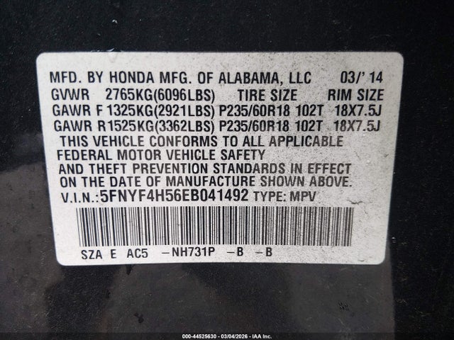 Honda Pilot Ex-l 2014 5FNYF4H56EB041492 Image 9