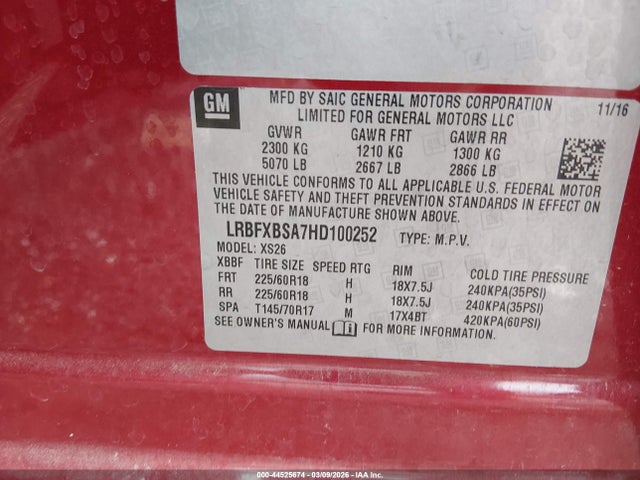 44525674 :رقم المزاد ، LRBFXBSA7HD100252 vin ، 2017 Buick Envision Essence مزاد بيع
