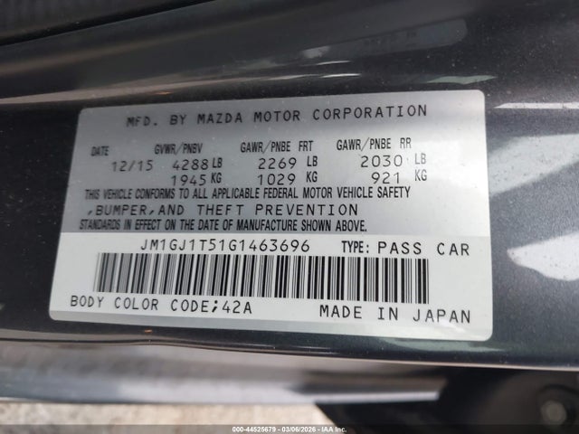 Aukcja sprzedaży 2016 Mazda Mazda6 I Touring, vin: JM1GJ1T51G1463696, numer aukcji: 44525679