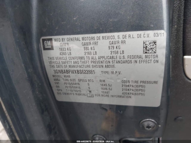 Aukcja sprzedaży 2011 Chevrolet Hhr Lt, vin: 3GNBABFWXBS622881, numer aukcji: 44525678
