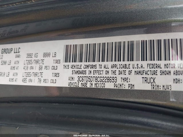 Продаж на аукціоні авто 2012 Ram 2500 Slt, vin: 3C6TD5DT8CG228693, номер лоту: 44525698