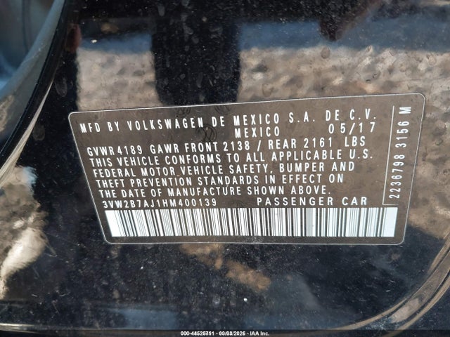 44525711 :رقم المزاد ، 3VW2B7AJ1HM400139 vin ، 2017 Volkswagen Jetta 1.4t S مزاد بيع