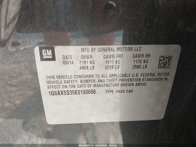 44525712 :رقم المزاد ، 1G6AX5S35E0190666 vin ، 2014 Cadillac Cts Luxury مزاد بيع