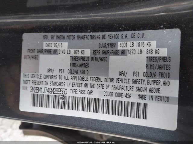 Продажа на аукционе авто 2016 Mazda Mazda3 I Sport, vin: 3MZBM1J74GM289550, номер лота: 44525742