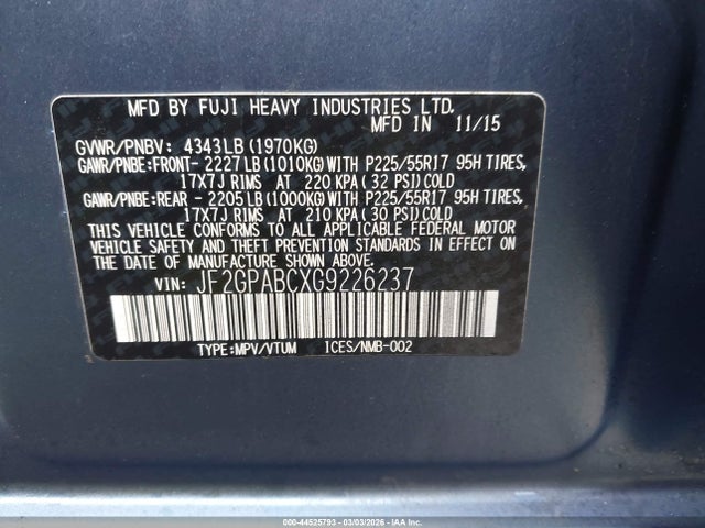 44525793 :رقم المزاد ، JF2GPABCXG9226237 vin ، 2016 Subaru Crosstrek 2.0i Premium مزاد بيع