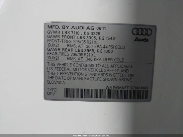 44525825 :رقم المزاد ، WA1WMAFE1CD001009 vin ، 2012 Audi Q7 3.0 Tdi Premium مزاد بيع