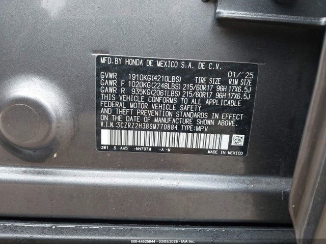44525844 :رقم المزاد ، 3CZRZ2H38SM770884 vin ، 2025 Honda Hr-v Awd Lx مزاد بيع