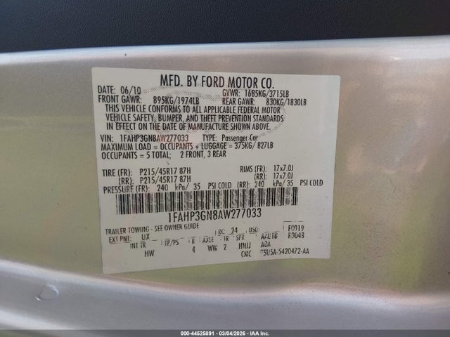2010 Ford Focus Ses მანქანა იყიდება აუქციონზე, vin: 1FAHP3GN8AW277033, აუქციონის ნომერი: 44525891