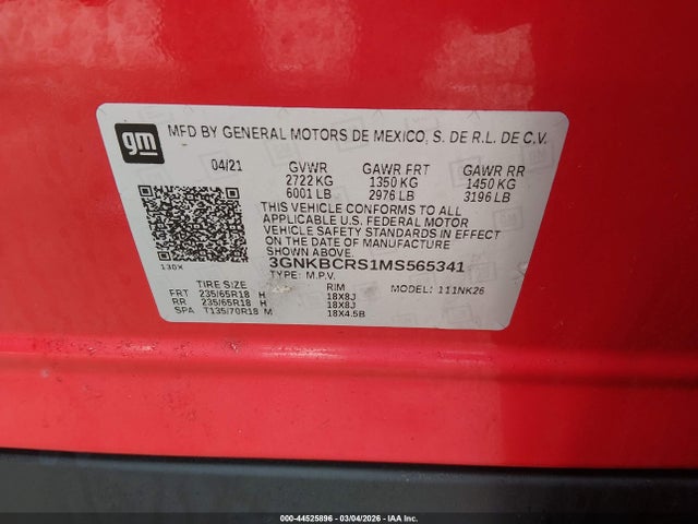 44525896 :رقم المزاد ، 3GNKBCRS1MS565341 vin ، 2021 Chevrolet Blazer Fwd 2lt مزاد بيع