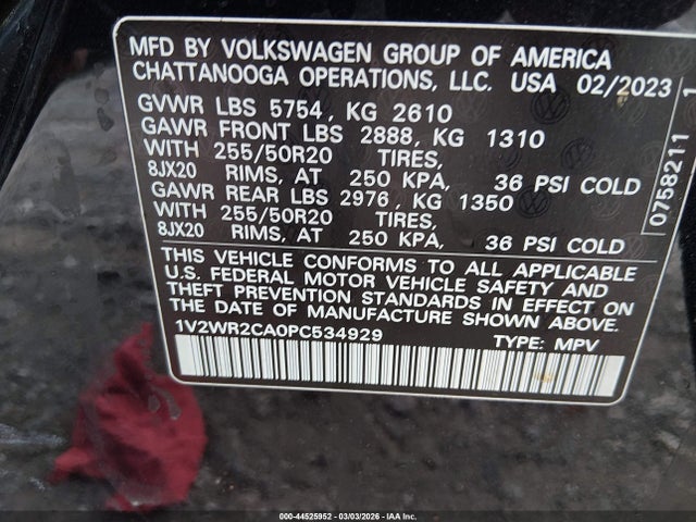 Продаж на аукціоні авто 2023 Volkswagen Atlas 3.6l V6 Se W/technology, vin: 1V2WR2CA0PC534929, номер лоту: 44525952