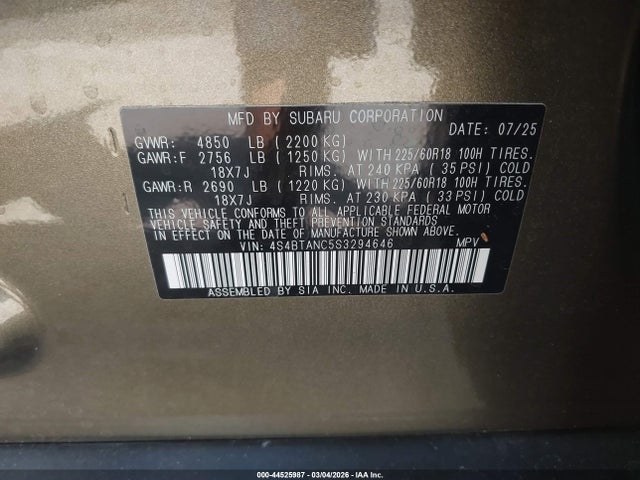 2025 SUBARU OUTBACK 4S4BTANC5S3294646 Photo 8