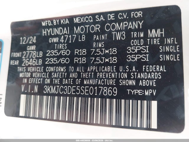 Aukcja sprzedaży 2025 Hyundai Tucson Sel Convenience, vin: 3KMJC3DE5SE017869, numer aukcji: 44526006