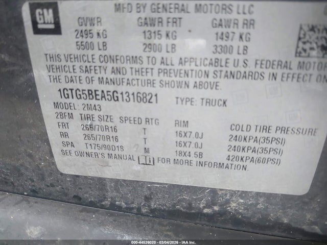 44526020 :رقم المزاد ، 1GTG5BEA5G1316821 vin ، 2016 Gmc Canyon مزاد بيع