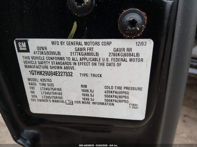 Продажа на аукционе авто 2004 Gmc Sierra 2500hd Sle, vin: 1GTHK29U84E227332, номер лота: 44526039