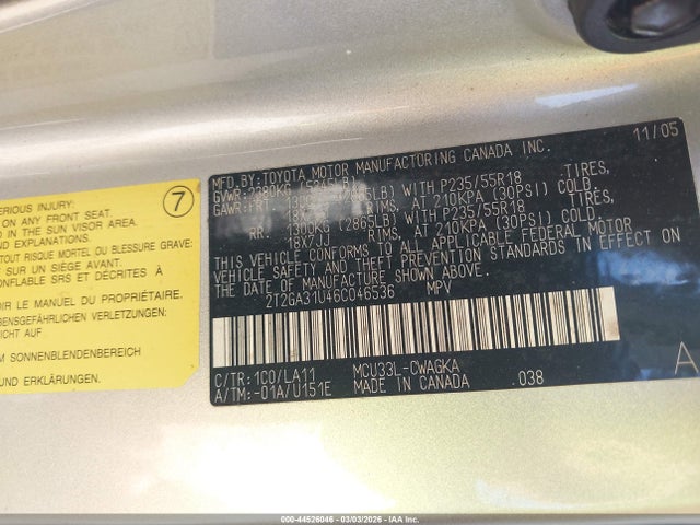 44526046 :رقم المزاد ، 2T2GA31U46C046536 vin ، 2006 Lexus Rx 330 مزاد بيع