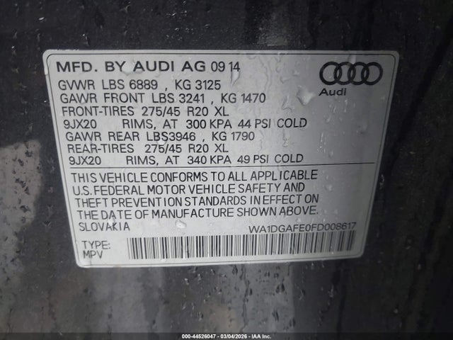 44526047 :رقم المزاد ، WA1DGAFE0FD008617 vin ، 2015 Audi Q7 3.0t S Line Prestige مزاد بيع