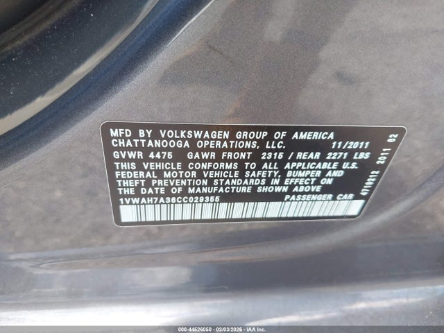 Продажа на аукционе авто 2012 Volkswagen Passat 2.5l S, vin: 1VWAH7A36CC029355, номер лота: 44526050