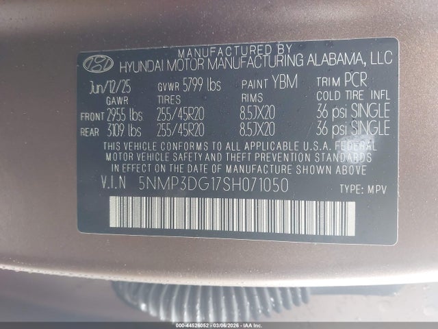 2025 Hyundai Santa Fe Hybrid Limited მანქანა იყიდება აუქციონზე, vin: 5NMP3DG17SH071050, აუქციონის ნომერი: 44526052