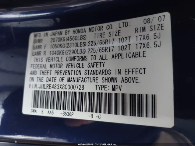 2008 HONDA CR-V JHLRE483X8C000728 Photo 8