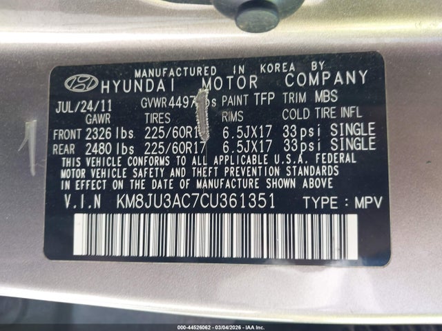 Продаж на аукціоні авто 2012 Hyundai Tucson Gls, vin: KM8JU3AC7CU361351, номер лоту: 44526062