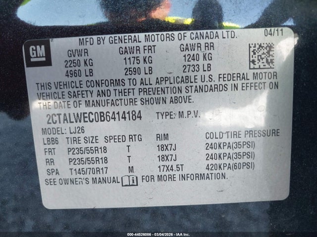 Продаж на аукціоні авто 2011 Gmc Terrain Slt-2, vin: 2CTALWEC0B6414184, номер лоту: 44526086
