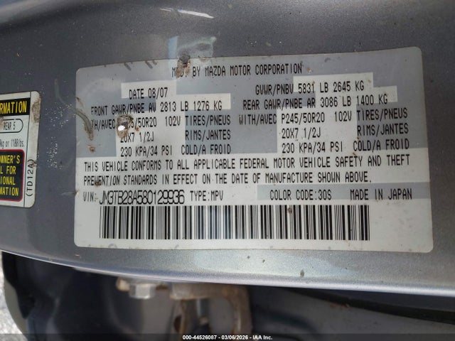 44526087 :رقم المزاد ، JM3TB28A580129936 vin ، 2008 Mazda Cx-9 Grand Touring مزاد بيع