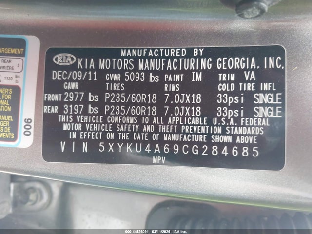 44526091 :رقم المزاد ، 5XYKU4A69CG284685 vin ، 2012 Kia Sorento Ex مزاد بيع
