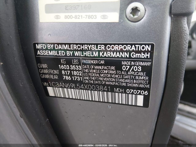 Aukcja sprzedaży 2004 Chrysler Crossfire, vin: 1C3AN69L54X003841, numer aukcji: 44526094