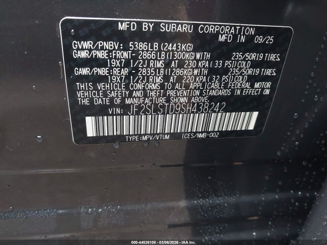 44526108 :رقم المزاد ، JF2SLSTD9SH438242 vin ، 2025 Subaru Forester Touring Hybrid مزاد بيع