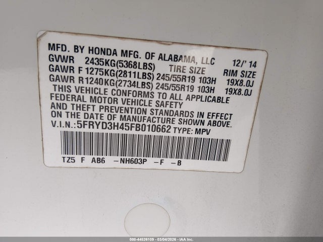 Продаж на аукціоні авто 2015 Acura Mdx Technology Package, vin: 5FRYD3H45FB010662, номер лоту: 44526109