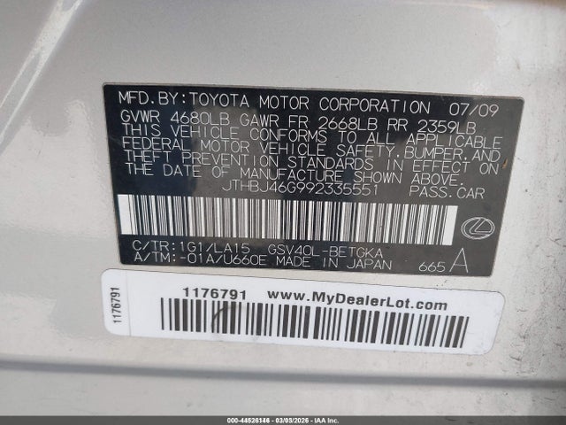 Aukcja sprzedaży 2009 Lexus Es 350, vin: JTHBJ46G992335551, numer aukcji: 44526146