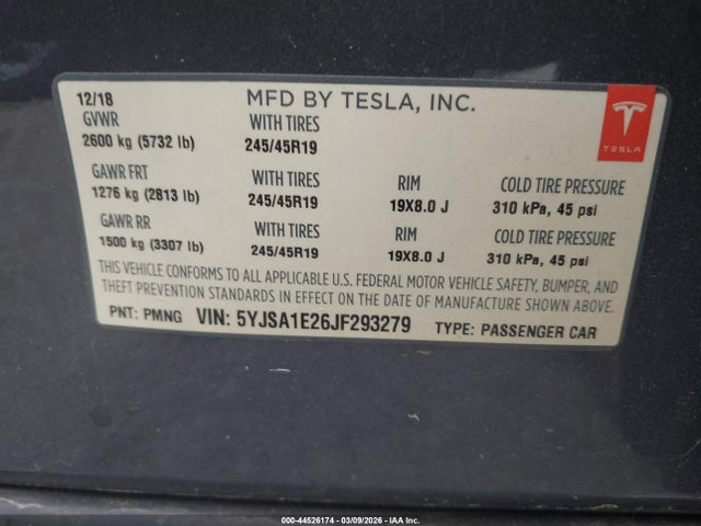 Aukcja sprzedaży 2018 Tesla Model S, vin: 5YJSA1E26JF293279, numer aukcji: 44526174