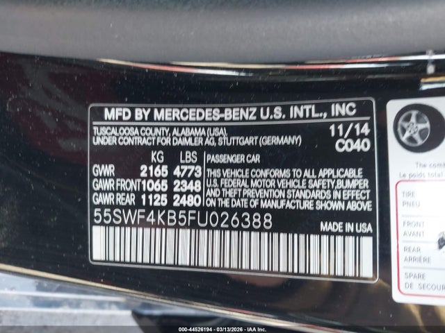 44526194 :رقم المزاد ، 55SWF4KB5FU026388 vin ، 2015 Mercedes-benz C 300 Sport 4matic مزاد بيع