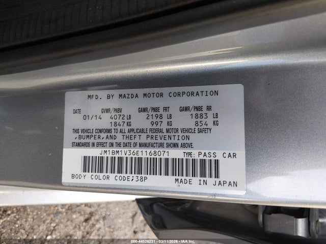 2014 Mazda Mazda3 S Touring მანქანა იყიდება აუქციონზე, vin: JM1BM1V36E1168071, აუქციონის ნომერი: 44526231