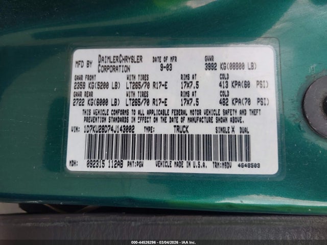 Продаж на аукціоні авто 2004 Dodge Ram 2500 Slt/laramie, vin: 1D7KU28D74J143002, номер лоту: 44526296