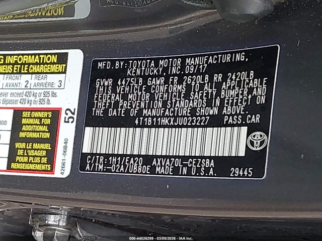Продажа на аукционе авто 2018 Toyota Camry Se, vin: 4T1B11HKXJU023227, номер лота: 44526299
