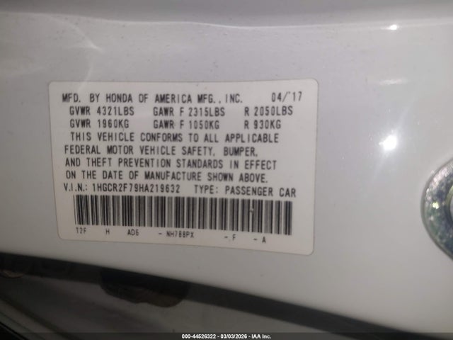 Aukcja sprzedaży 2017 Honda Accord Ex, vin: 1HGCR2F79HA219632, numer aukcji: 44526322