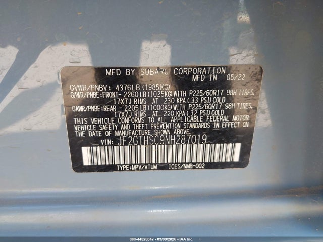 44526347 :رقم المزاد ، JF2GTHSC9NH287019 vin ، 2022 Subaru Crosstrek Sport مزاد بيع