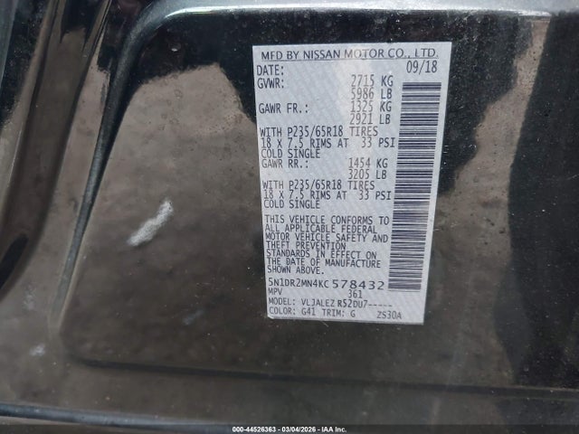 2019 Nissan Pathfinder Sv მანქანა იყიდება აუქციონზე, vin: 5N1DR2MN4KC578432, აუქციონის ნომერი: 44526363