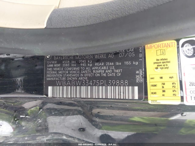 44526402 :رقم المزاد ، WBABW33475PL39888 vin ، 2005 Bmw 325ci مزاد بيع