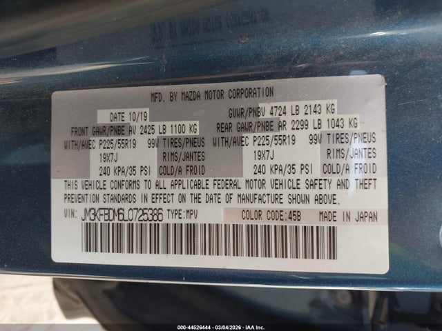 44526444 :رقم المزاد ، JM3KFBDM6L0725386 vin ، 2020 Mazda Cx-5 Grand Touring مزاد بيع