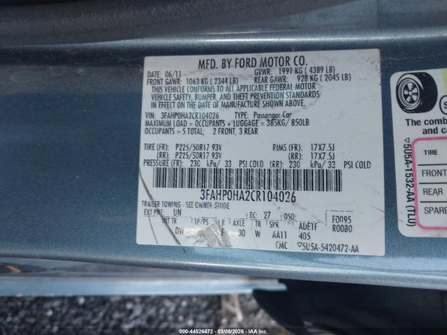 2012 Ford Fusion Se მანქანა იყიდება აუქციონზე, vin: 3FAHP0HA2CR104026, აუქციონის ნომერი: 44526472