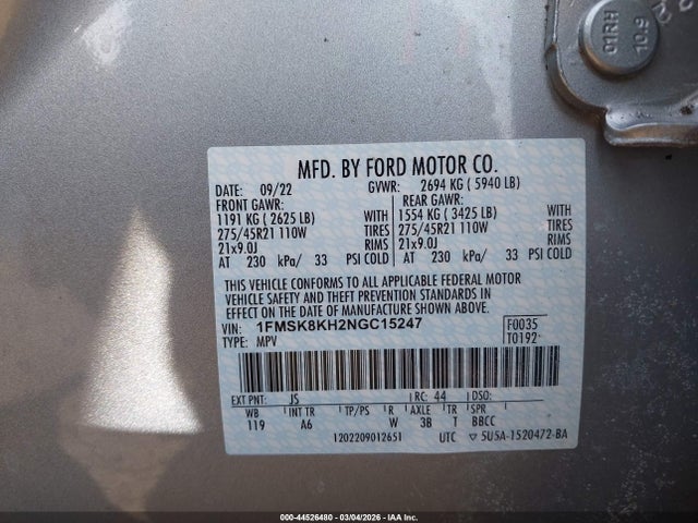 Aukcja sprzedaży 2022 Ford Explorer St-line, vin: 1FMSK8KH2NGC15247, numer aukcji: 44526480