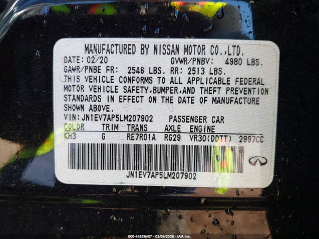 Aukcja sprzedaży 2020 Infiniti Q50 Luxe, vin: JN1EV7AP5LM207902, numer aukcji: 44526487